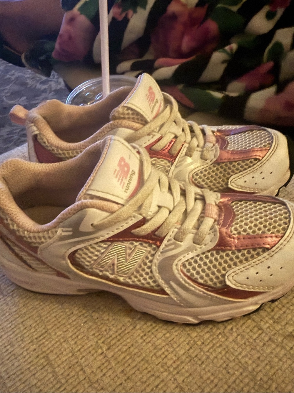 New Balance White and Rose Gold Girls  Running Sneakers (size 13)